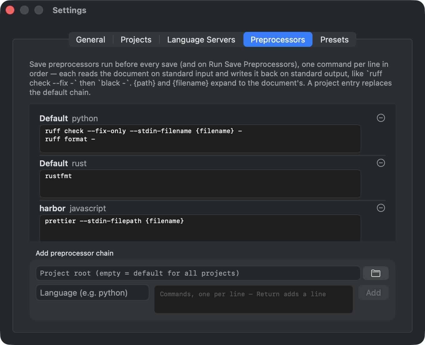Settings, Preprocessors tab: per-language command chains