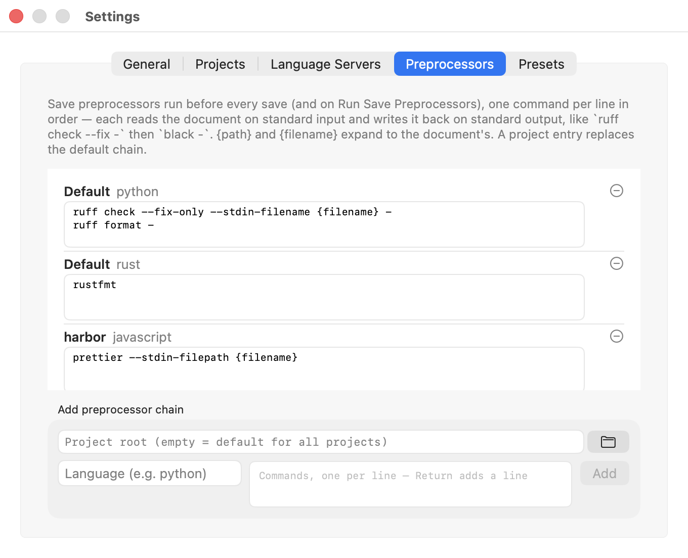 Settings, Preprocessors tab: per-language command chains