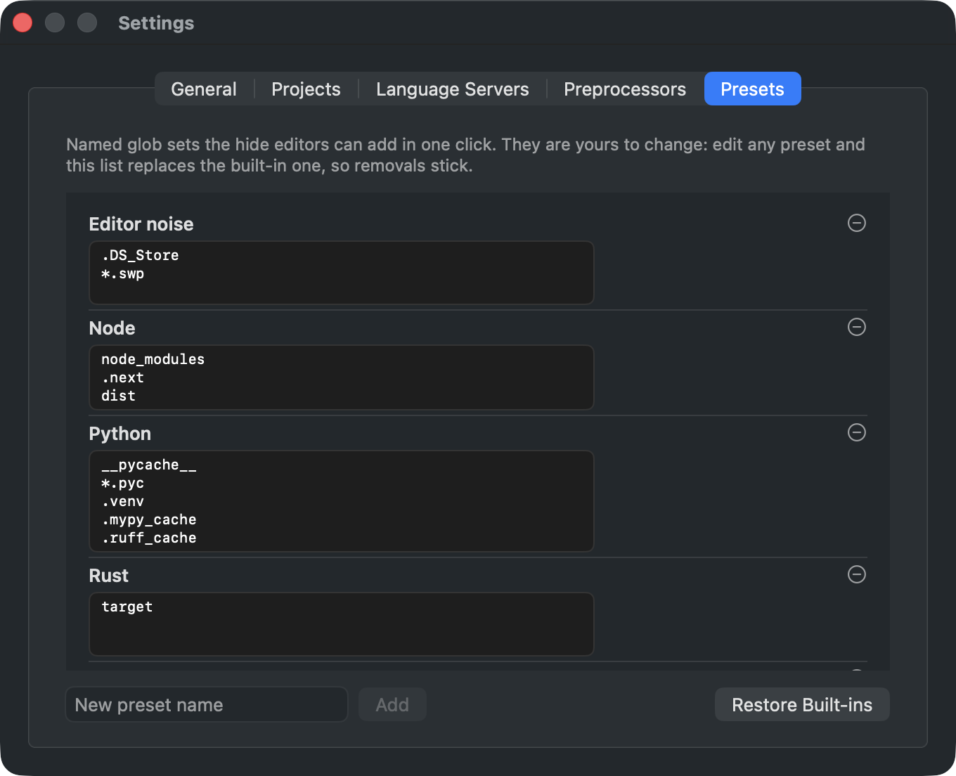 Settings, Presets tab: named glob sets, each editable one pattern per
line