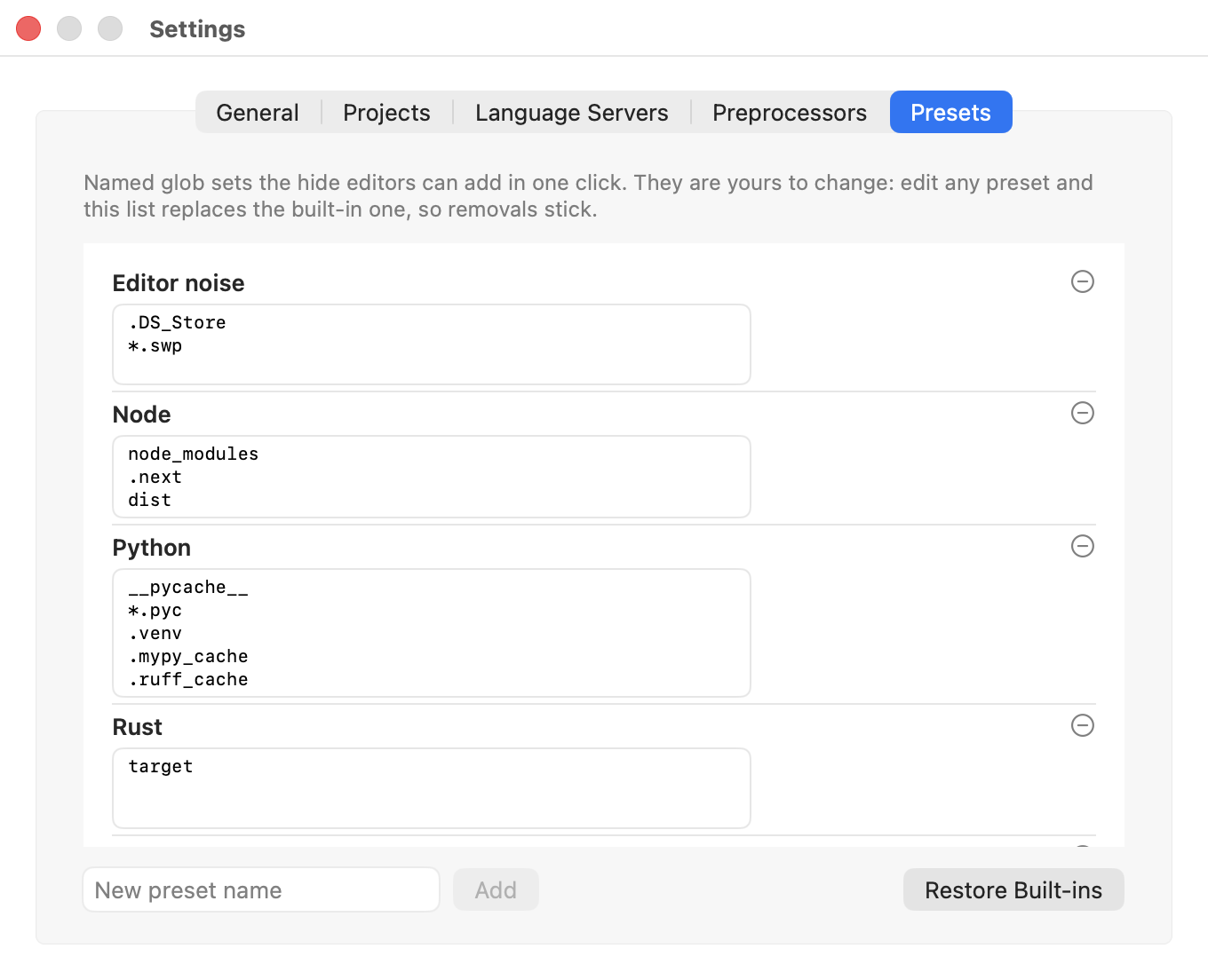 Settings, Presets tab: named glob sets, each editable one pattern per
line